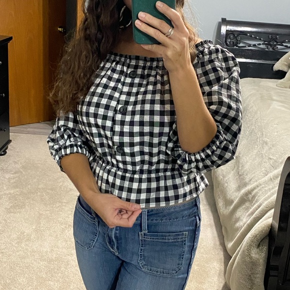 H&M Gingham Puff Sleeve Off-Shoulder Top - Picture 1 of 10